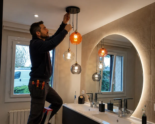 electricien entrain de poser un lustre